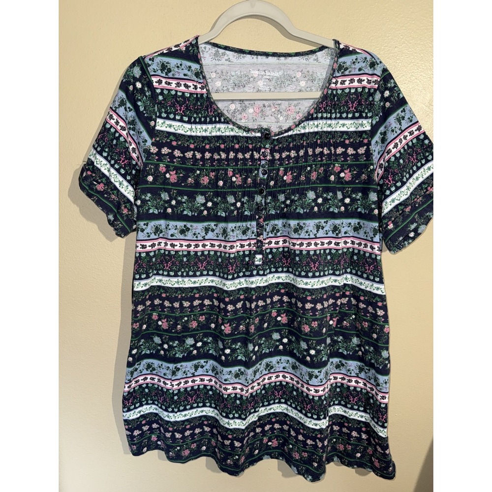 Woman Within Top Pintuck Henley Tunic Short Sleeve 1X 22/24 Floral Pink Blue